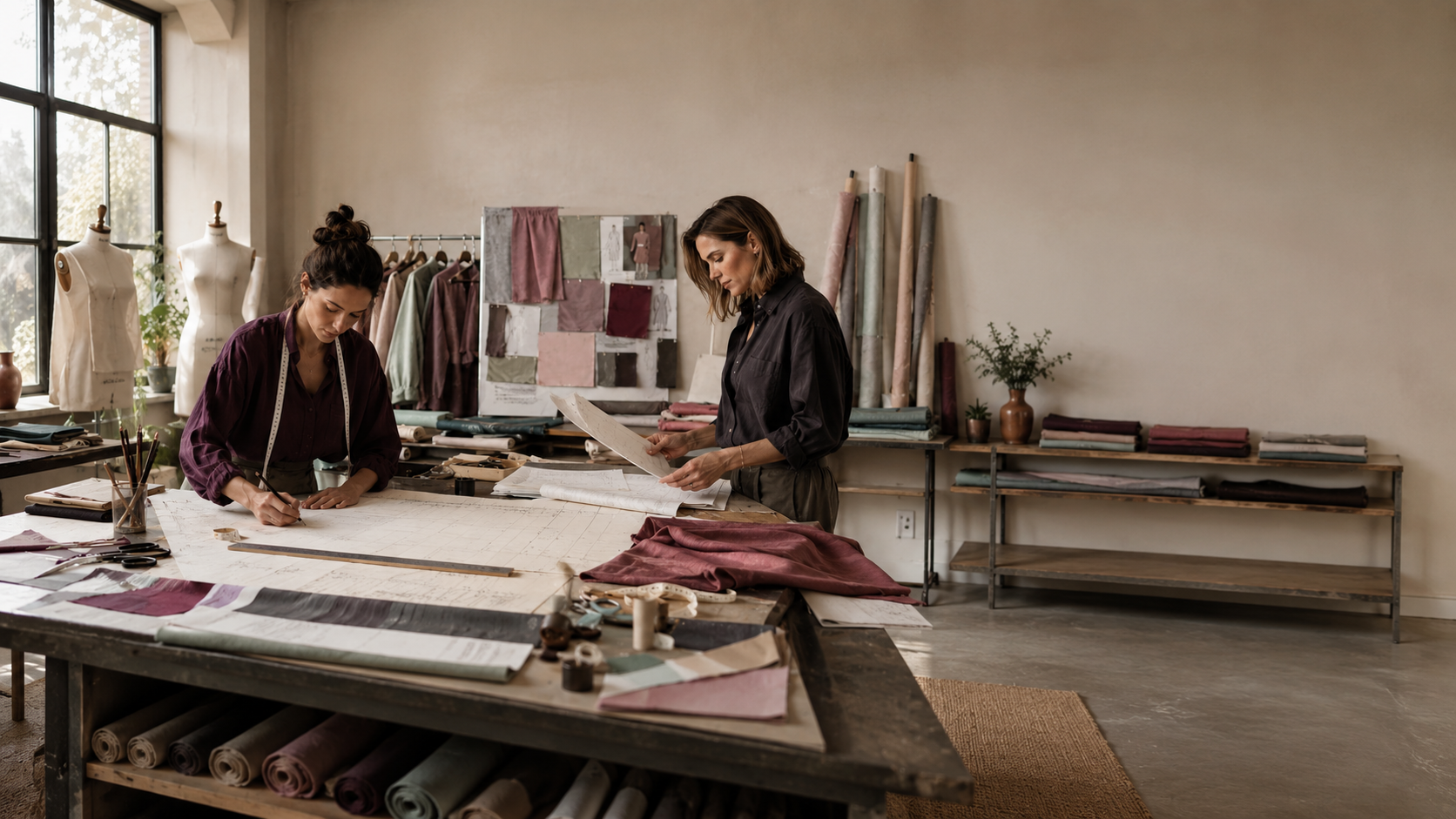 Two designers reviewing pattern pieces and fabric at a large studio cutting table