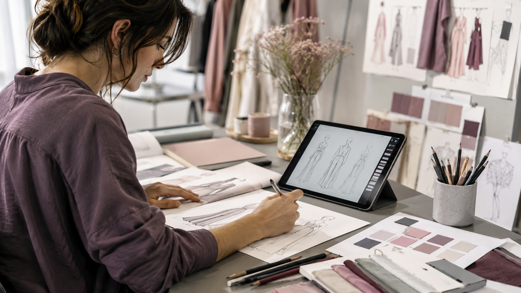 Designer working with garment drawings on a tablet at a studio desk
