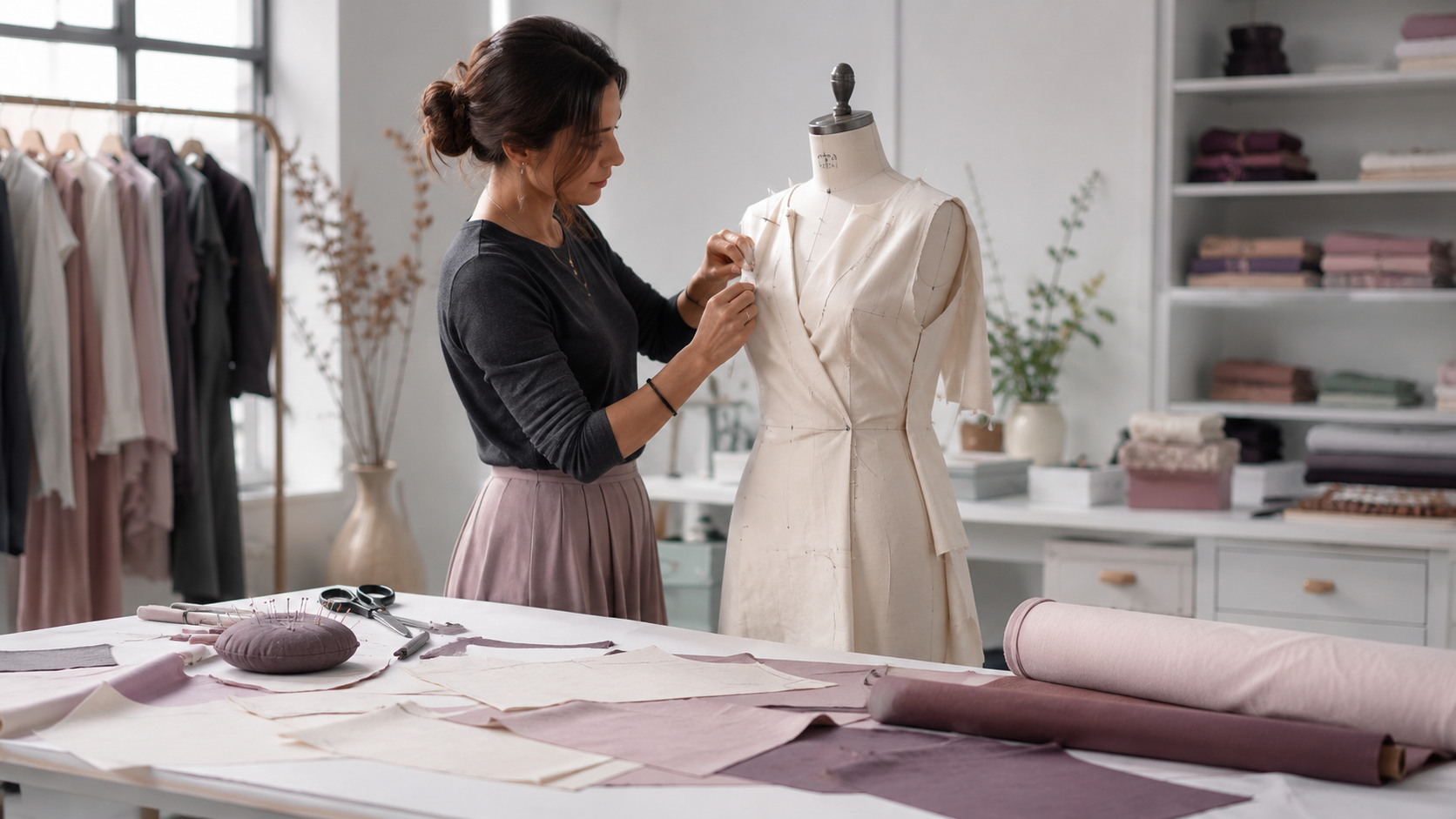 Designer draping a toile on a dress form in a studio workroom