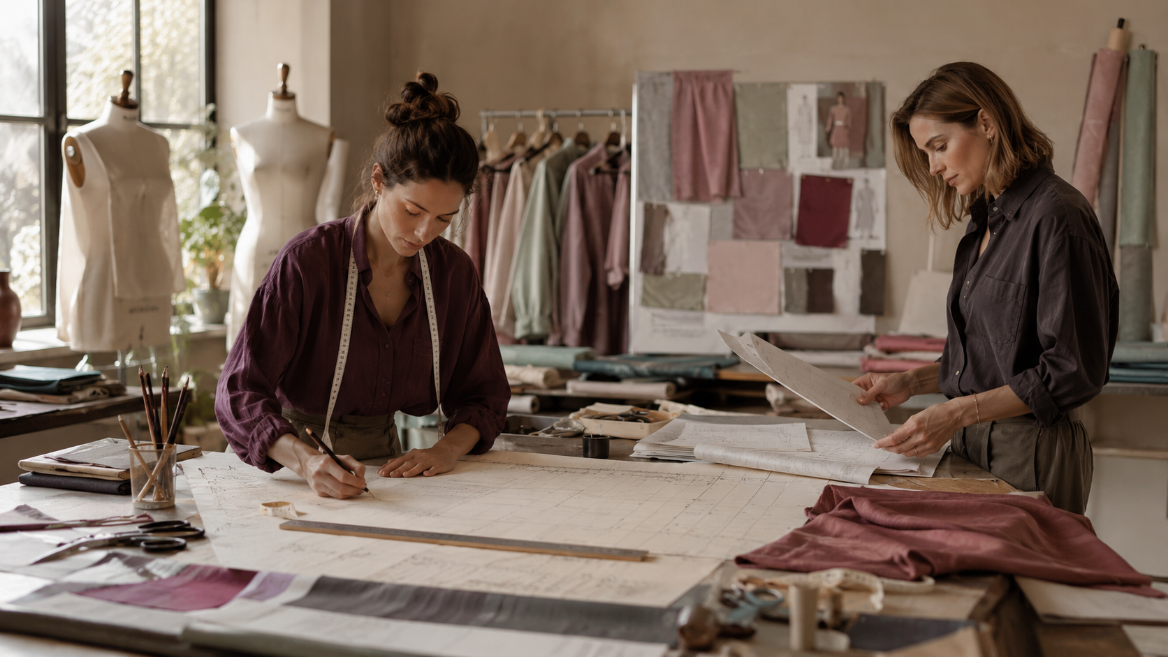 Designers reviewing fabric swatches at a studio table