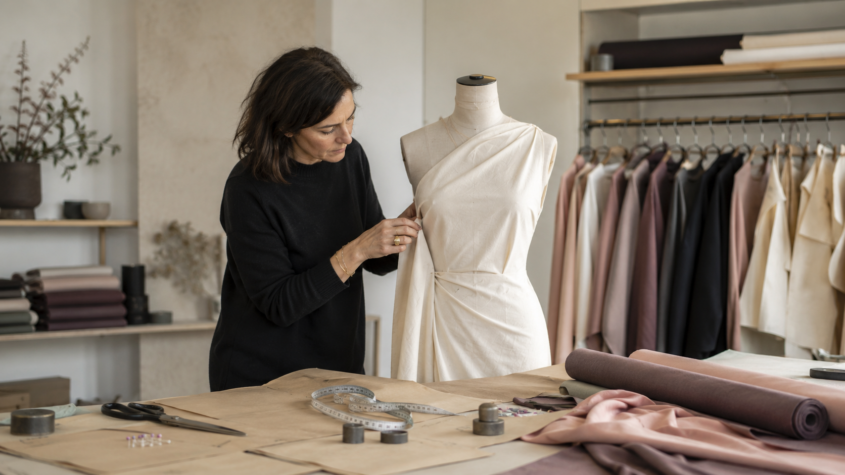 Designer shaping a sample garment on a dress form in a studio workroom, with garment racks and sewing tools nearby