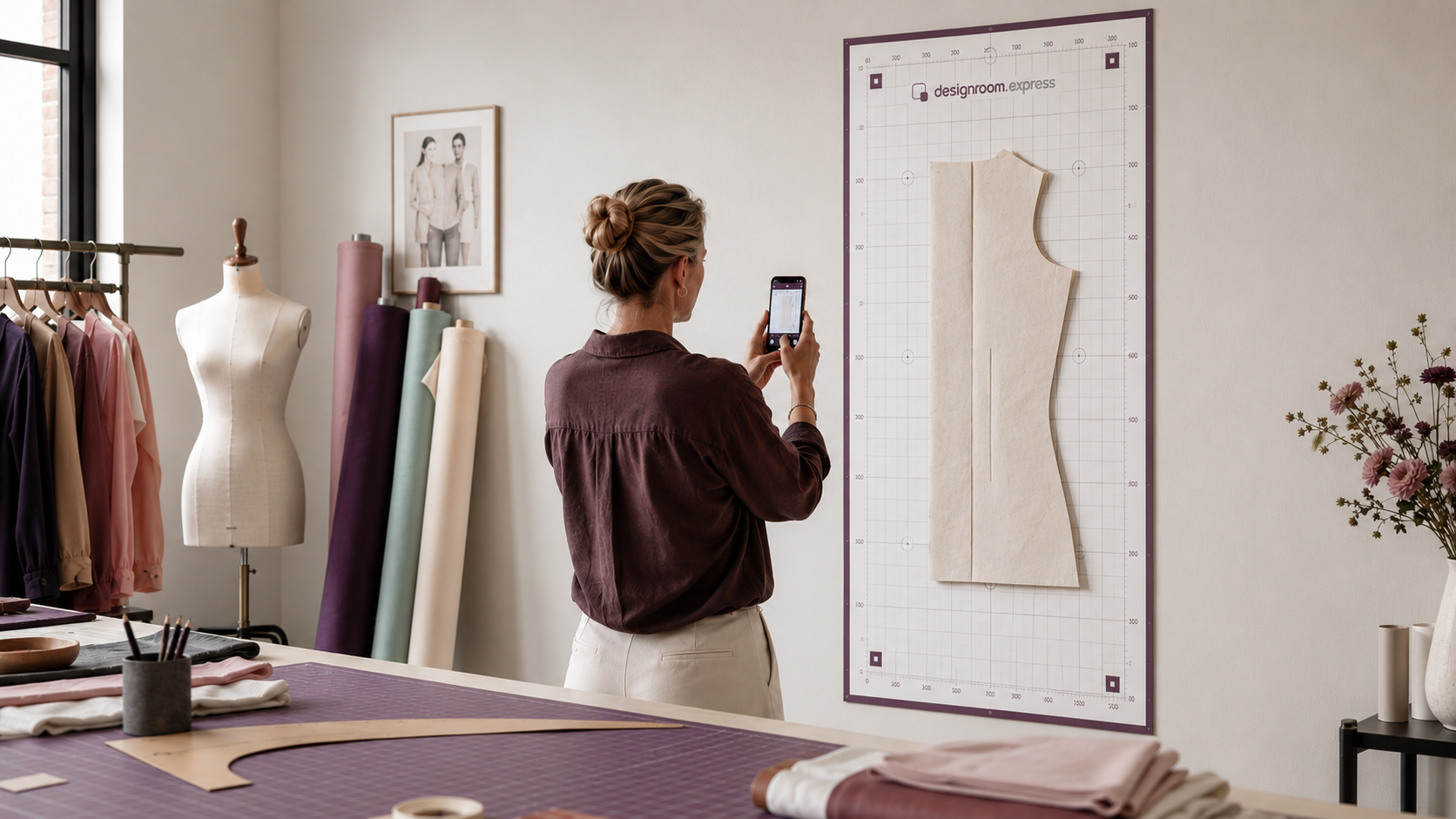 Designer photographing a large pattern piece pinned to a wall-mounted PatternScan Digital Import Mat