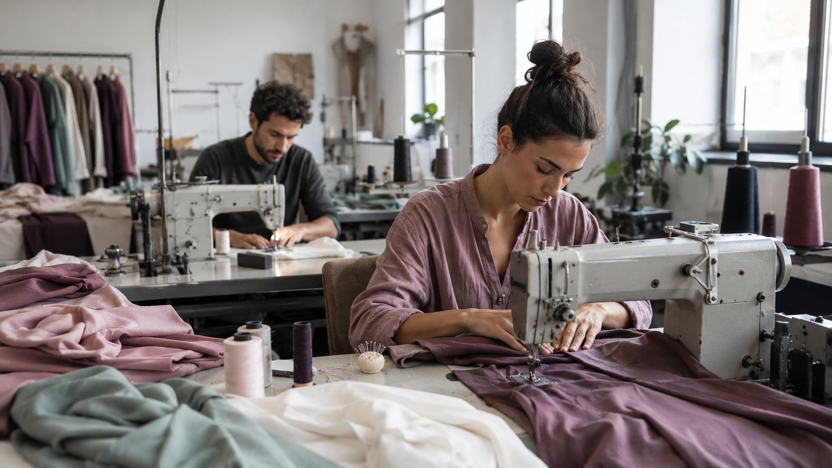 Makers working with fabric at machines in a fashion studio