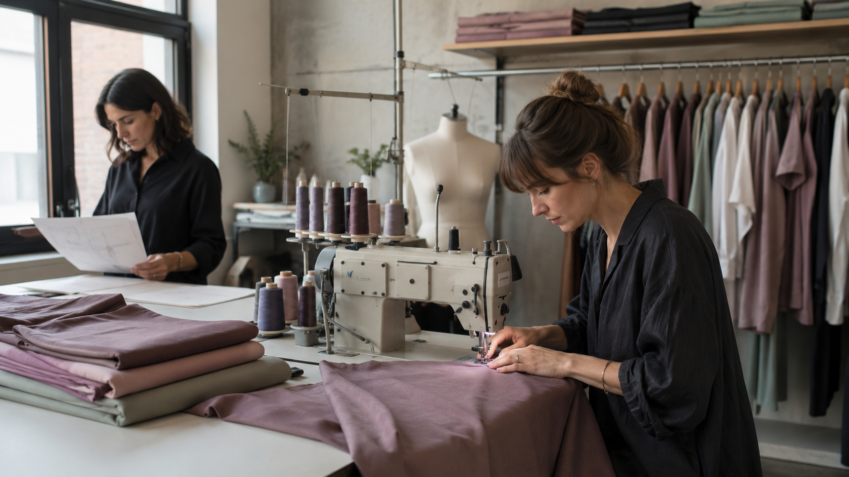 Fashion studio interior with garments on racks, worktables and makers at machines