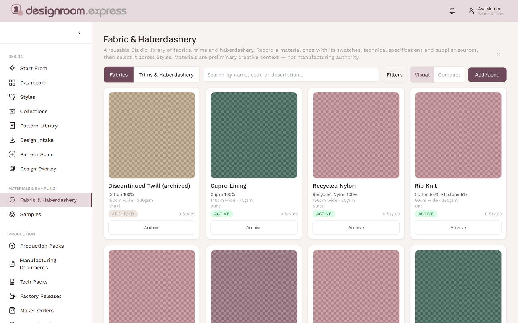 The Fabric and Haberdashery library in designroom.express, showing fabric swatches with their composition, width, weight and colour