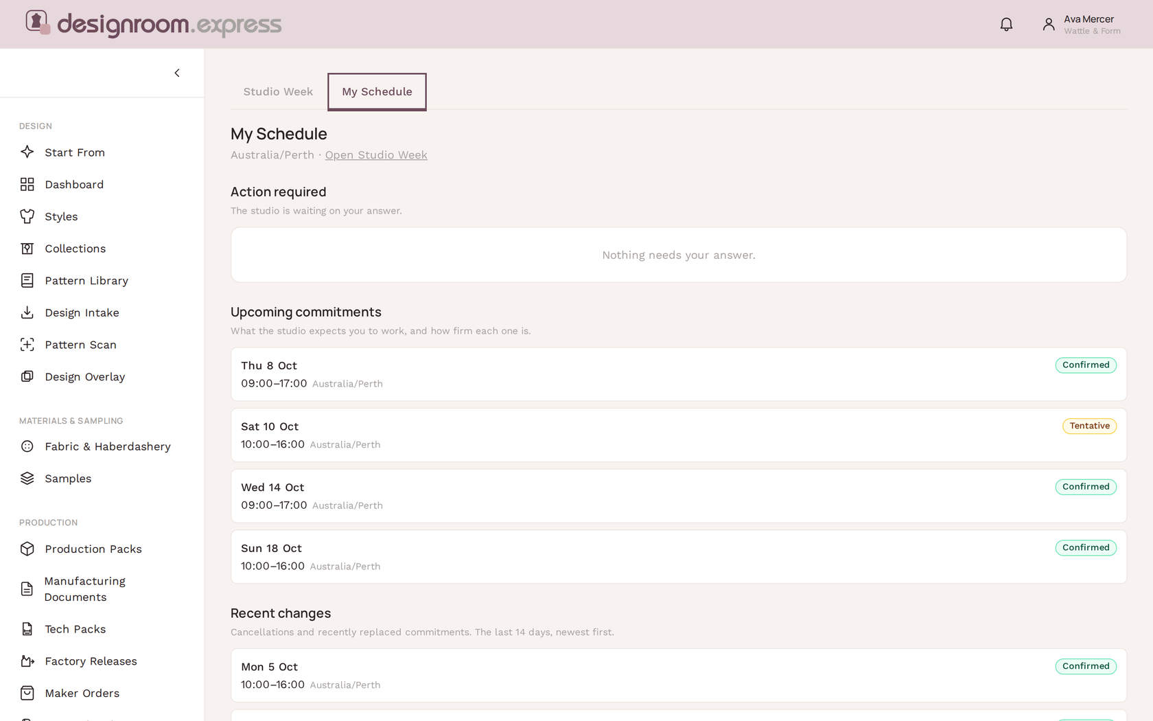 My Schedule view in designroom.express