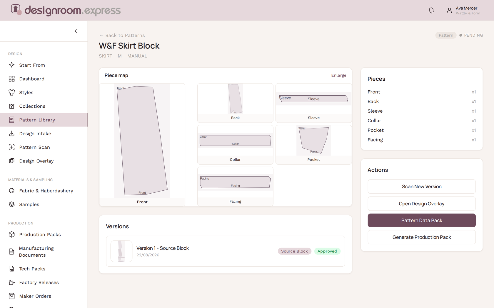 Pattern piece map in designroom.express