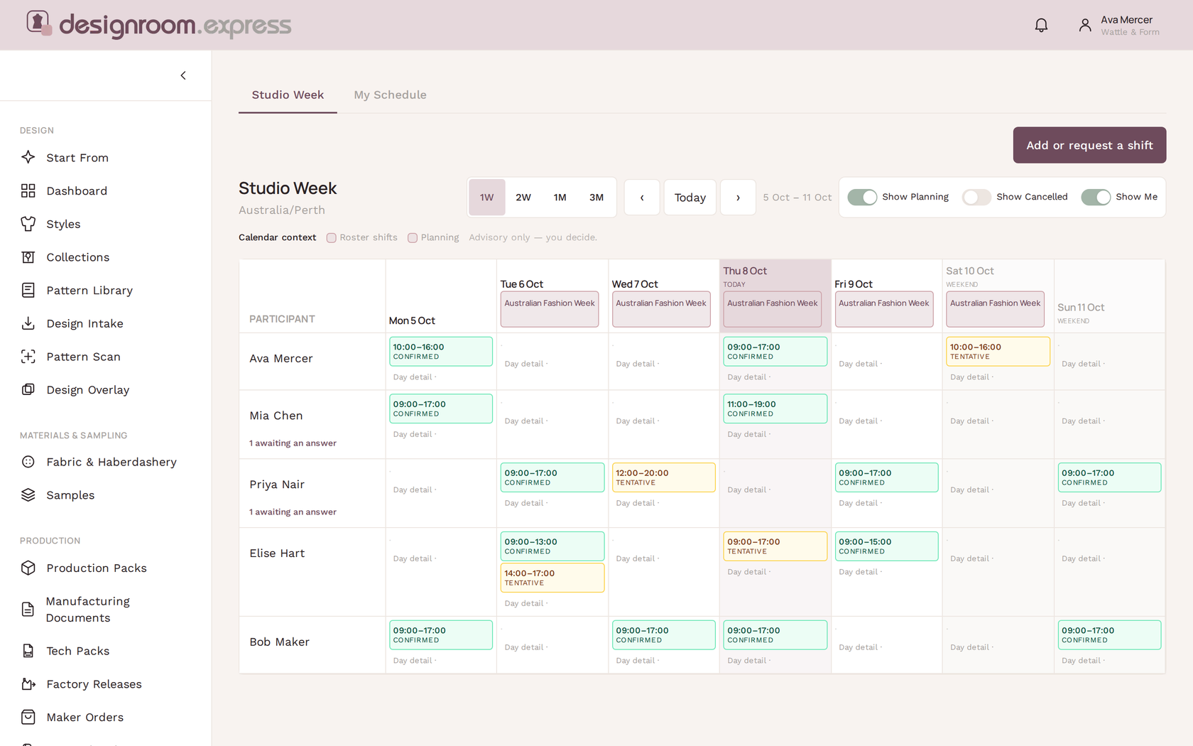 Studio Week roster in designroom.express