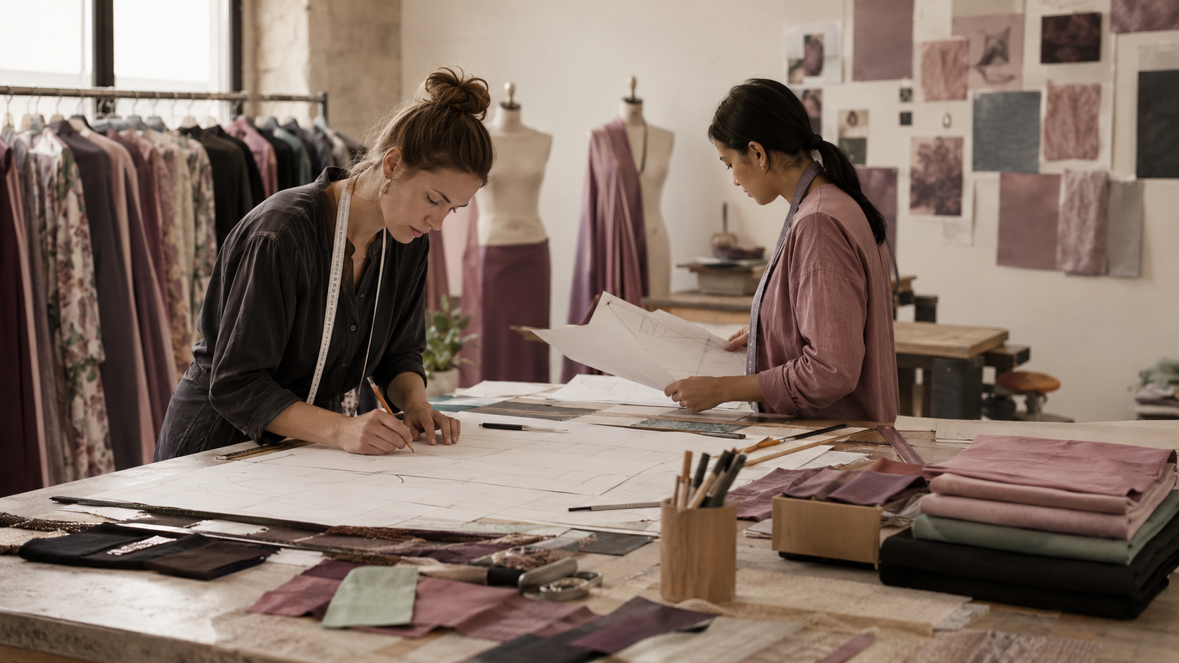 Designers reviewing pattern documents and fabric at a studio work table
