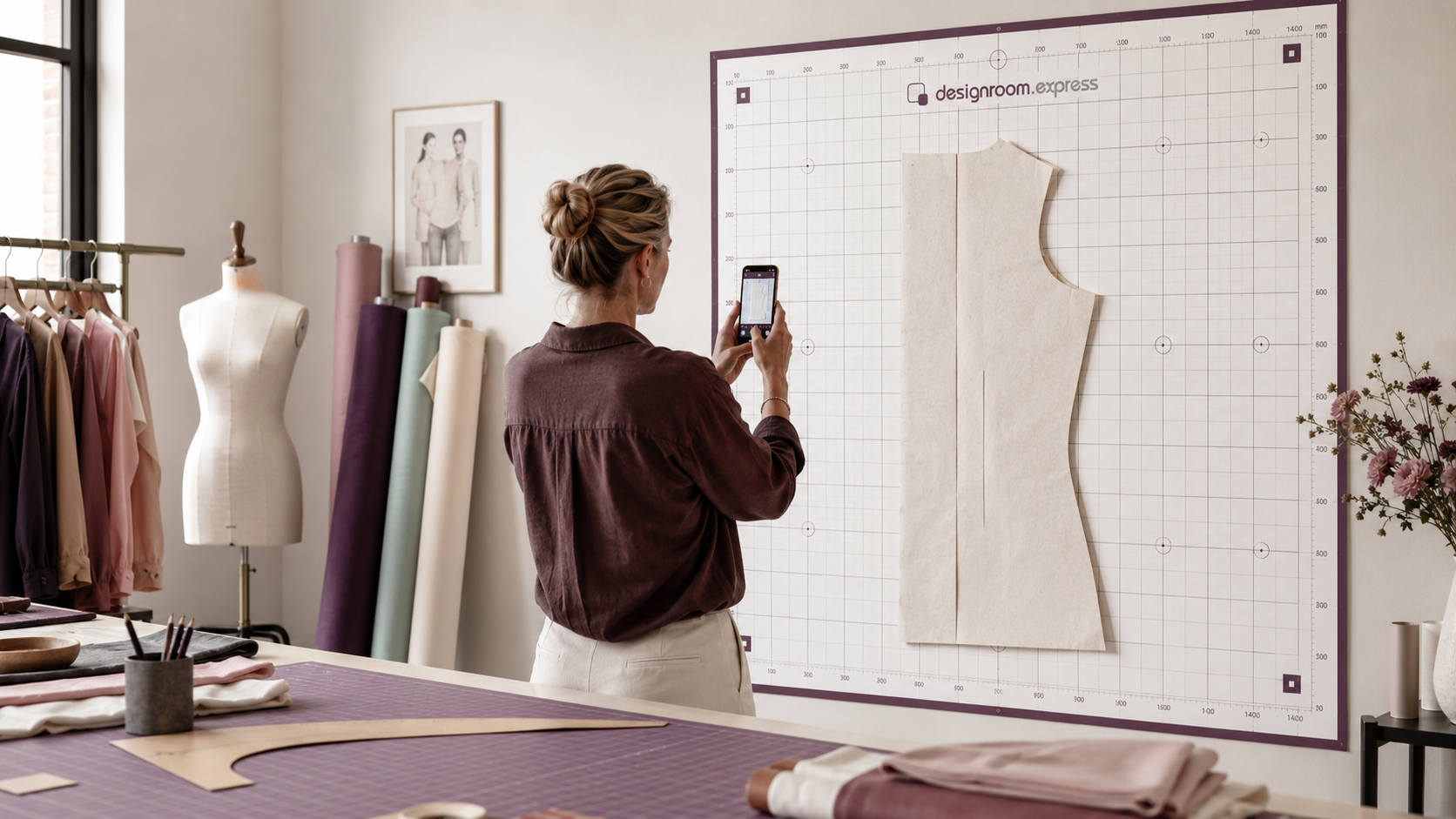 Designer photographing a large pattern piece pinned to the PatternScan Digital Import Mat mounted on a studio wall, with the mat's grid and corner markings visible and fabric rolls and a mannequin alongside