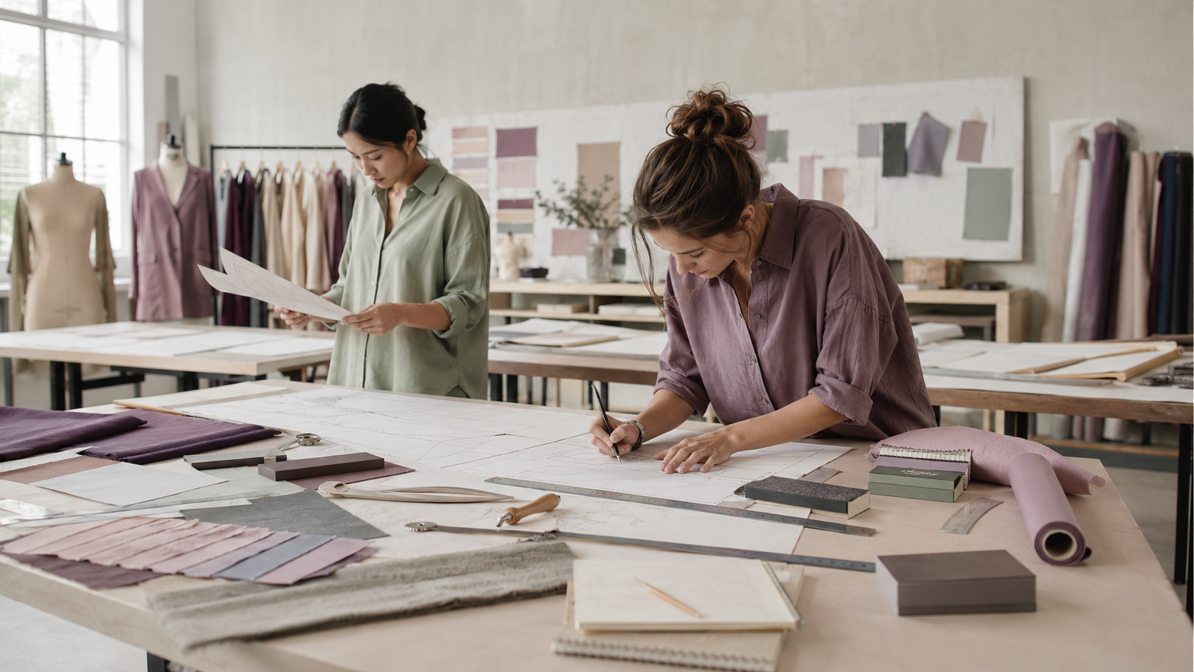 Designer reviewing garment line drawings on a tablet beside fabric swatches
