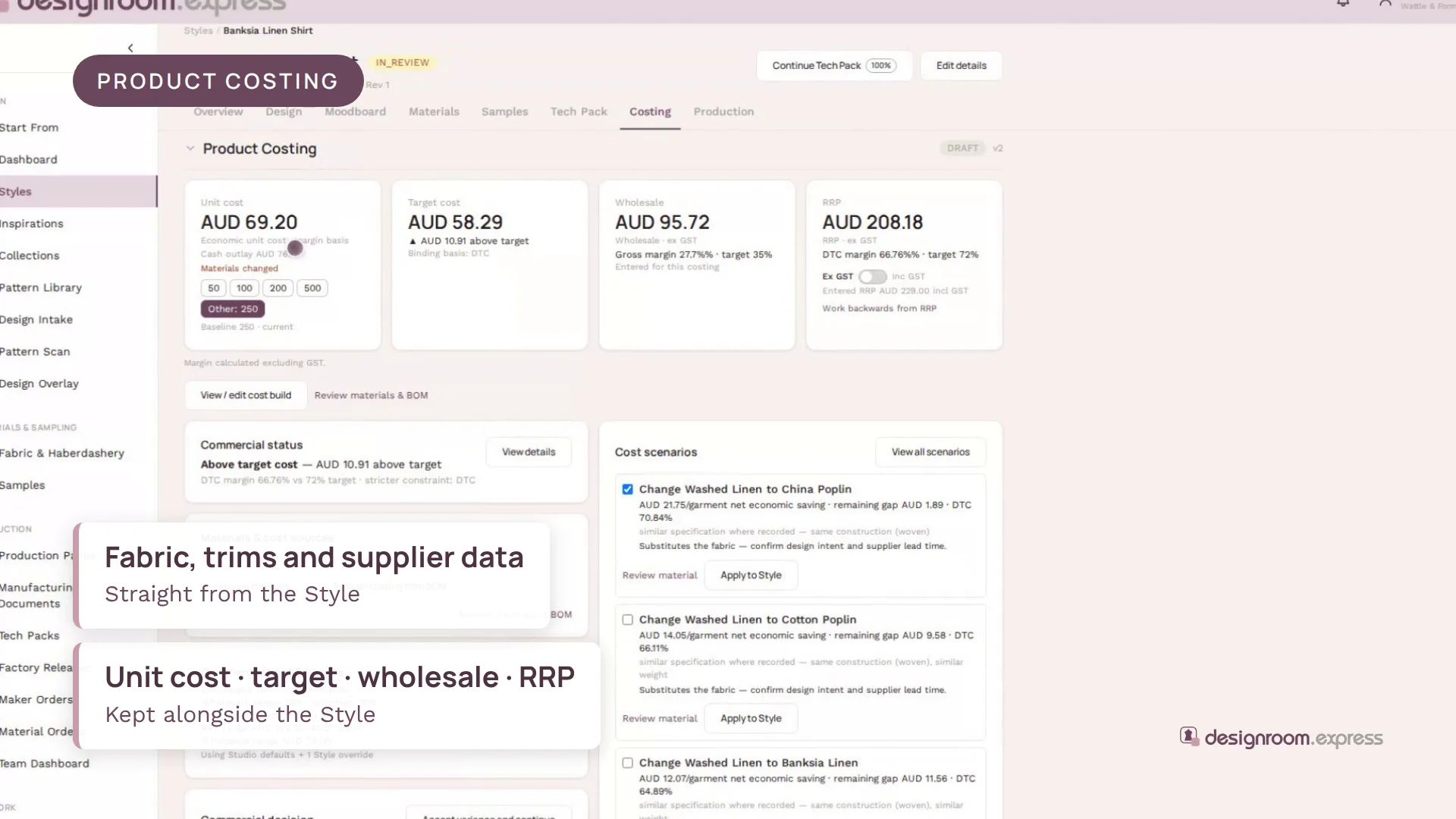 Poster frame from the Product Costing walkthrough, showing the Costing tab of a Style with unit cost, target cost, wholesale and RRP