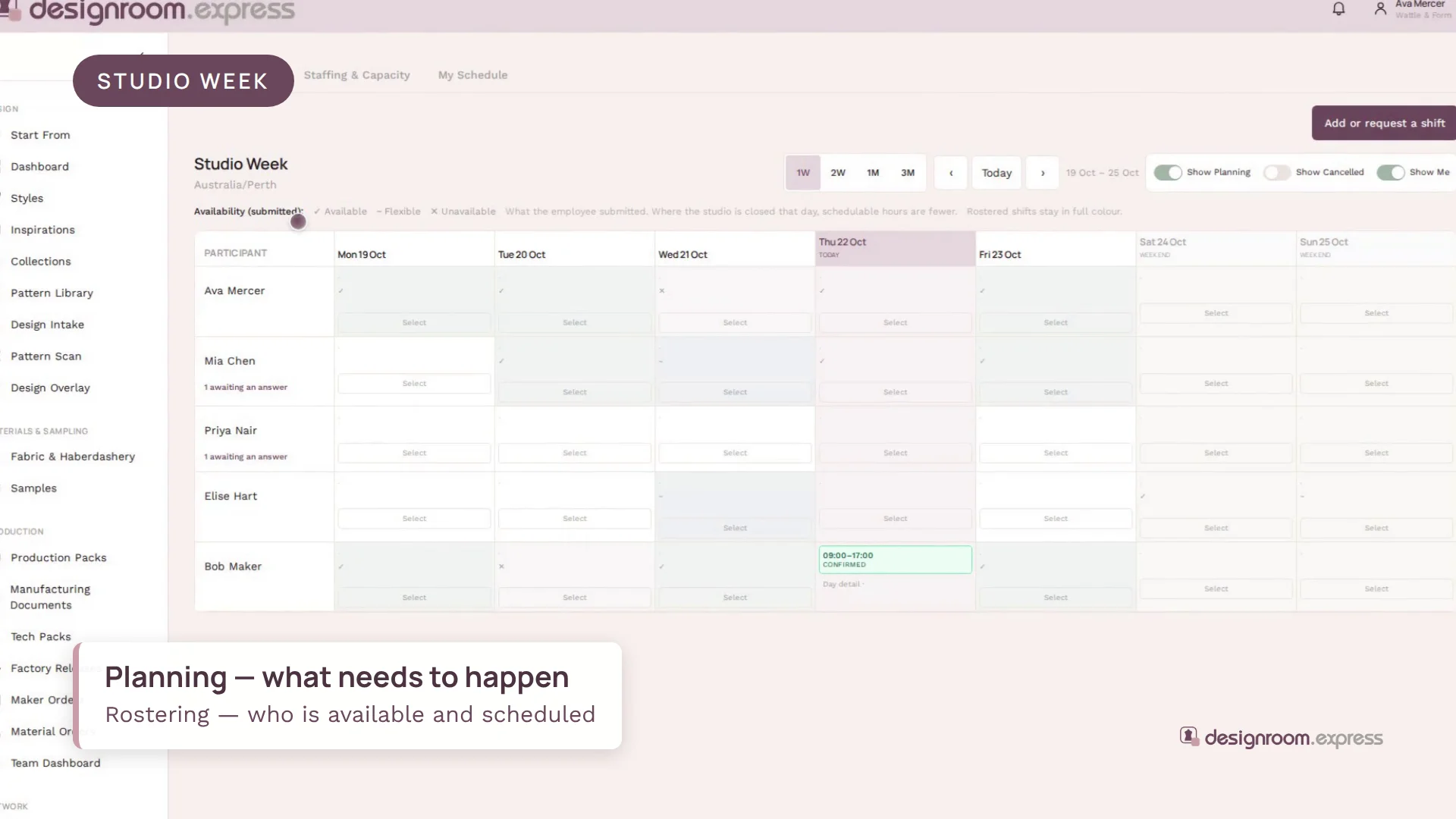 Poster frame from the Rostering walkthrough, showing the Studio Week roster with each participant's availability across the week