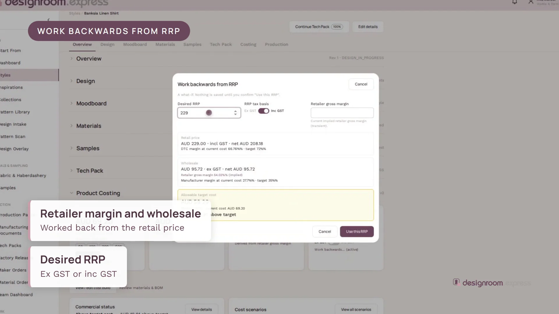 Poster frame from the target price walkthrough, showing the Work backwards from RRP dialog with the desired RRP, tax basis and retailer gross margin